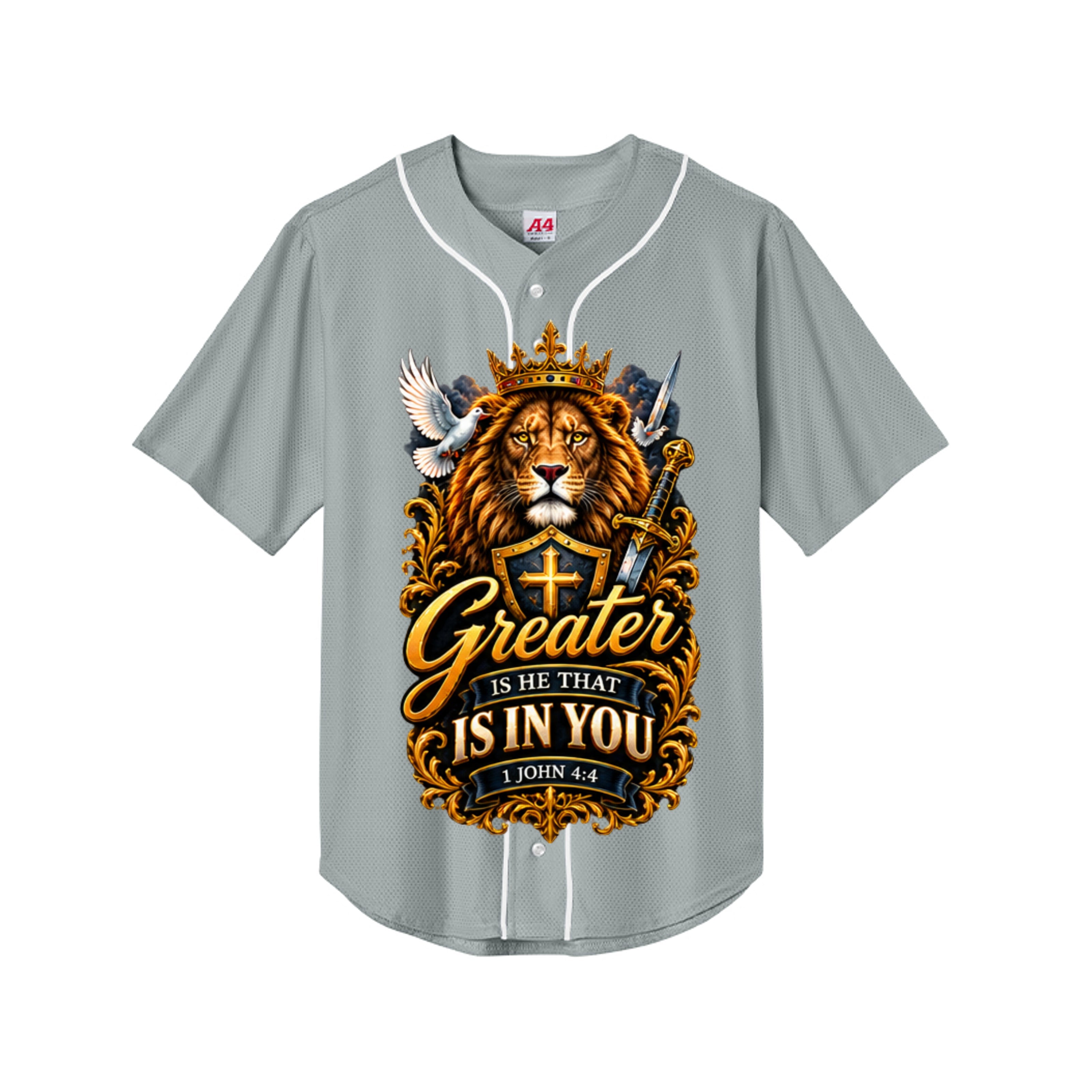 Greater Is He Christian baseball jersey front