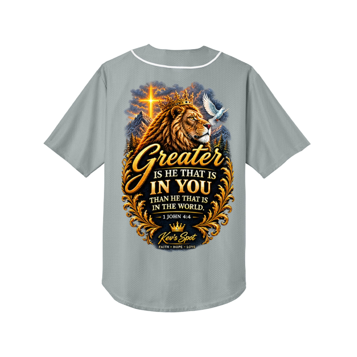 Greater Is He Christian baseball jersey back