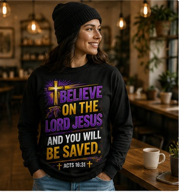Model wearing the Believe On The Lord Jesus Salvation Series long sleeve shirt