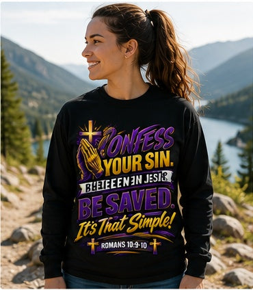 Model wearing the Confess Your Sin Be Saved Salvation Series long sleeve shirt