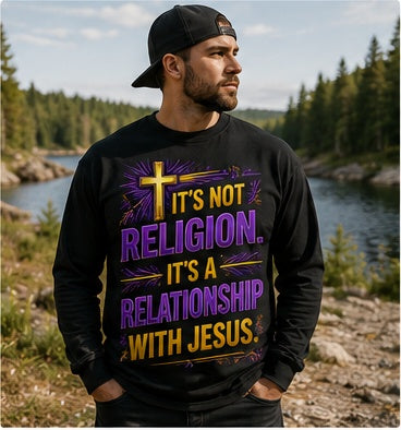 Model wearing the It's Not Religion It's A Relationship Salvation Series long sleeve shirt
